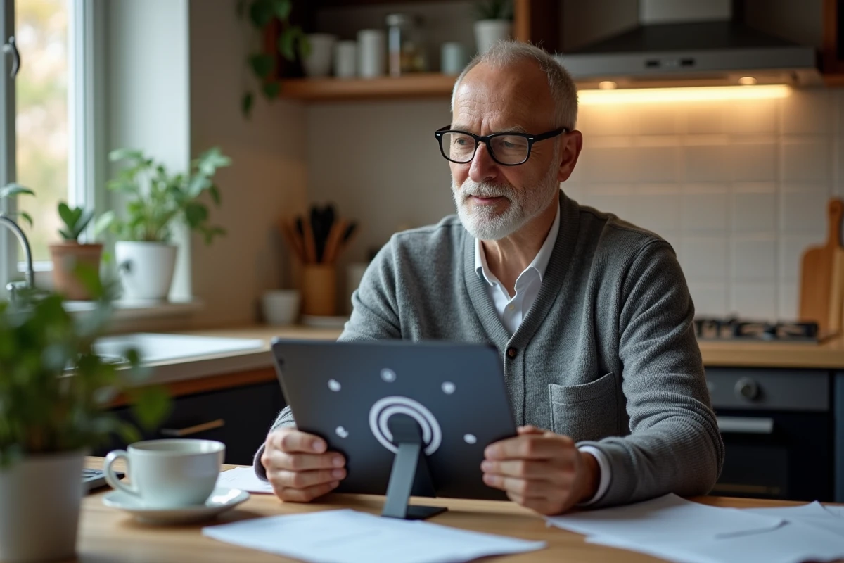 Homme âgé consultant un portail numérique de protection des données sur tablette à domicile
