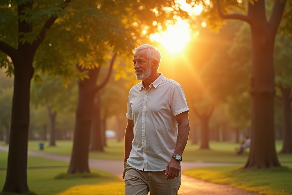 Homme âgé marchant dans un parc au lever du soleil