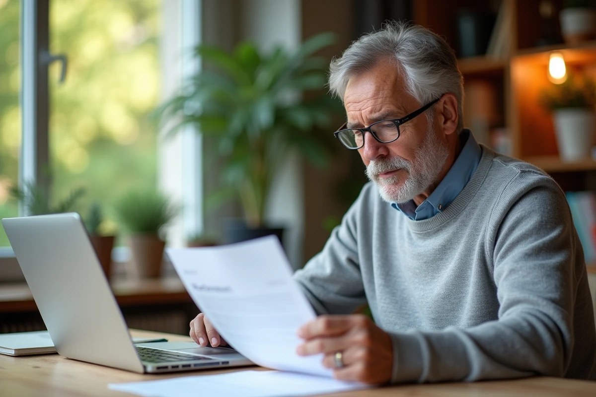 Homme à la retraite relisant sa lettre de départ à domicile devant un ordinateur portable