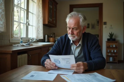 Homme retraité français regardant ses relevés bancaires