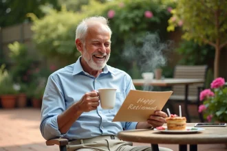 Homme souriant célébrant son départ à la retraite avec une carte humoristique dans un jardin ensoleillé