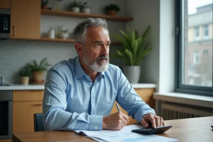 Homme d'âge moyen réfléchissant avec documents financiers