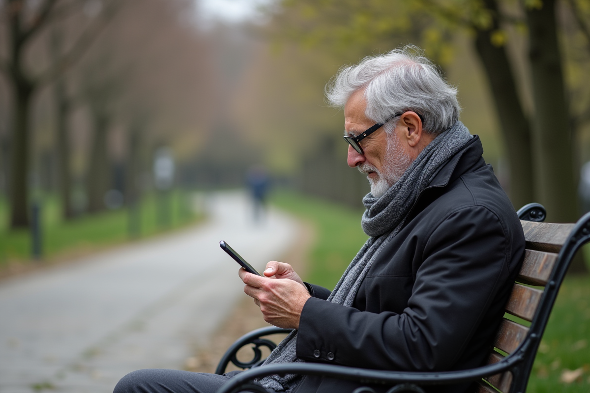 Homme retraité vérifiant son relevé bancaire dans un parc
