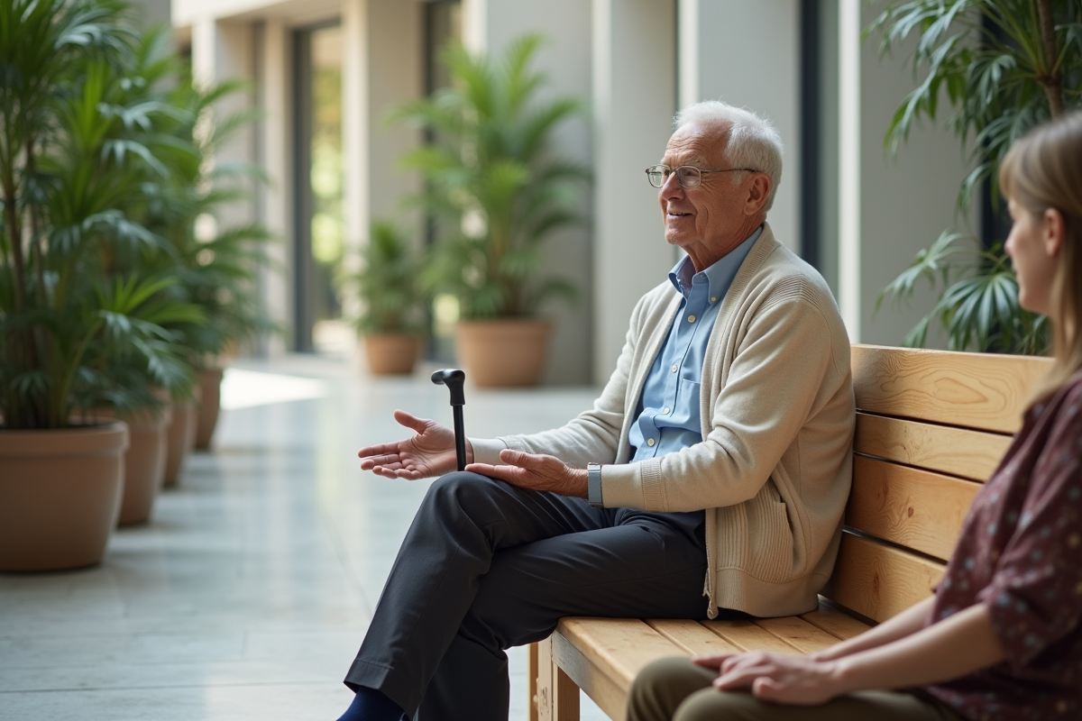 Homme âgé en discussion avec un jeune adulte dans un atrium