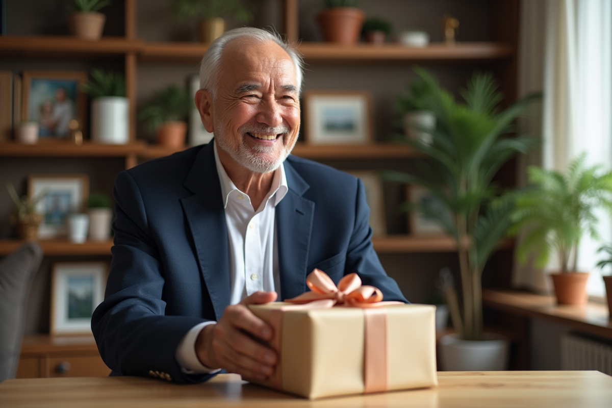 Homme senior souriant en déballant un cadeau élégant
