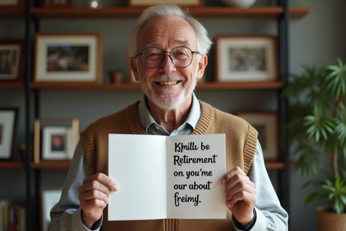 Homme senior tenant une carte de retraite avec sourire