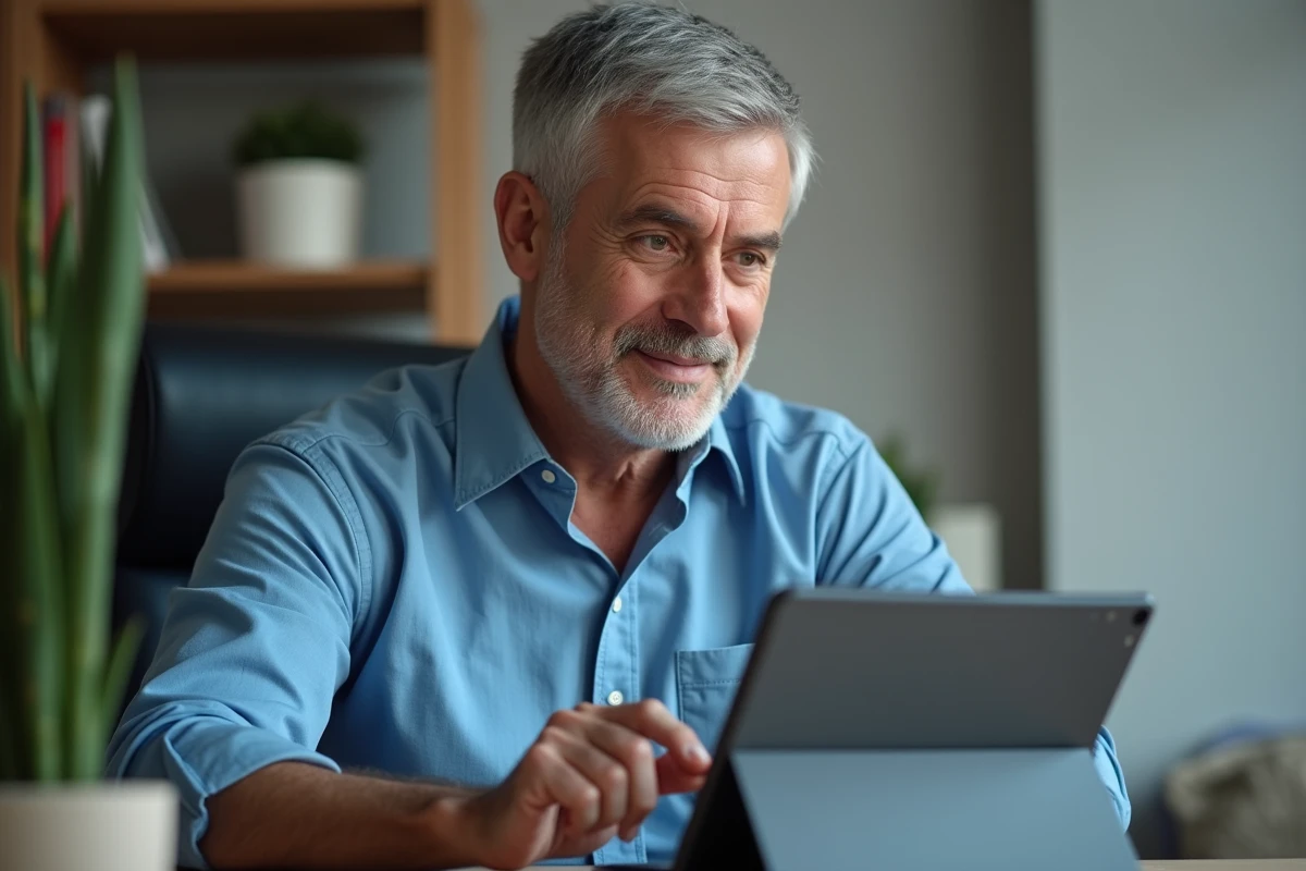 Un homme âgé connecté à son espace personnel Quintonic sur tablette dans un bureau à domicile
