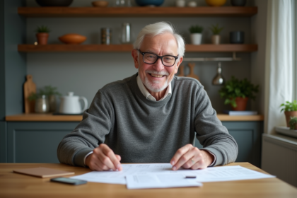 Homme senior en pull examine documents dans la cuisine
