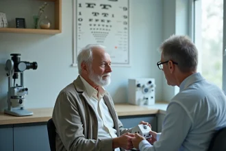 Homme senior regardant un tableau optique en cabinet médical