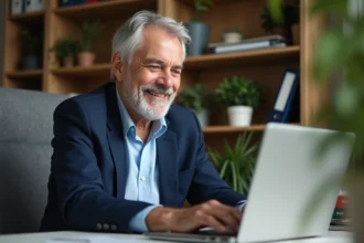Homme senior aux cheveux gris travaillant sur un ordinateur dans un bureau