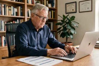 Homme de 63 ans consultant des offres d'emploi sur un ordinateur portable dans un bureau à domicile, illustrant la recherche d'emploi après 62 ans