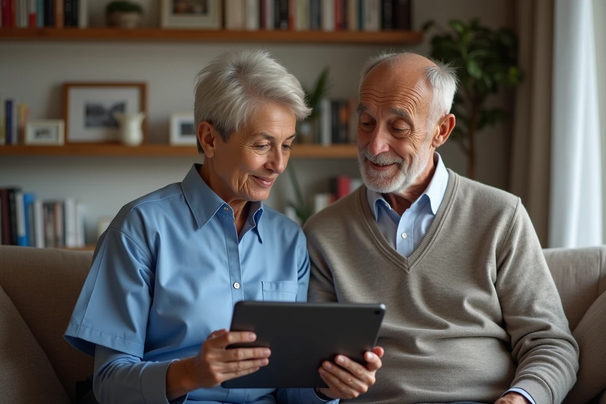 Homme âgé discutant avec une aide à domicile avec une tablette