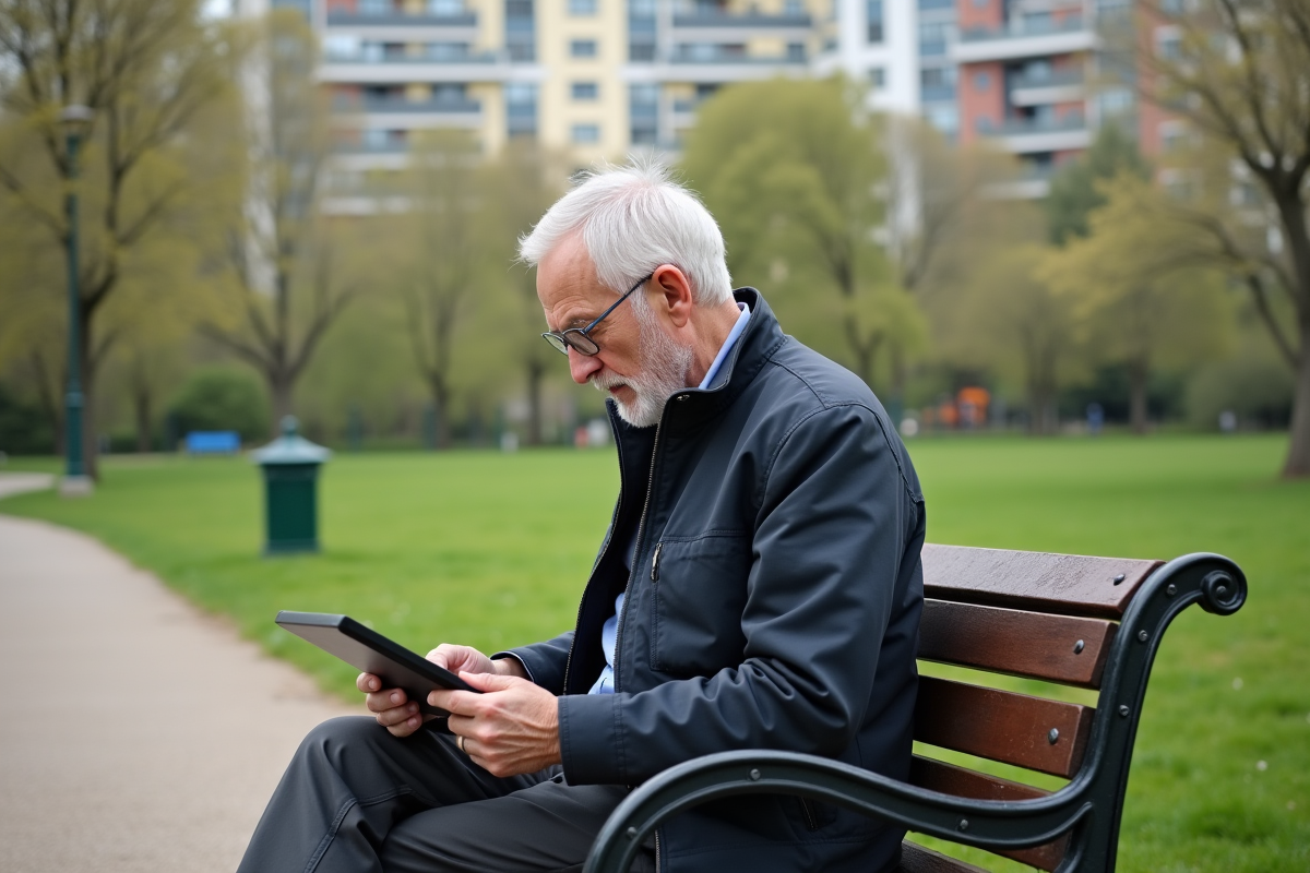 Homme âgé utilisant une tablette dans un parc urbain