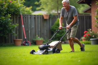 Homme d'âge moyen tondant la pelouse dans un jardin