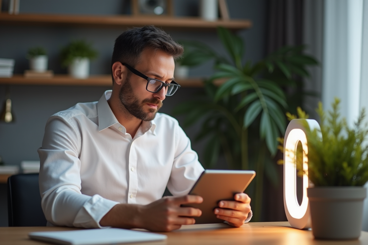 Homme lisant avec une lampe LED dans un bureau moderne