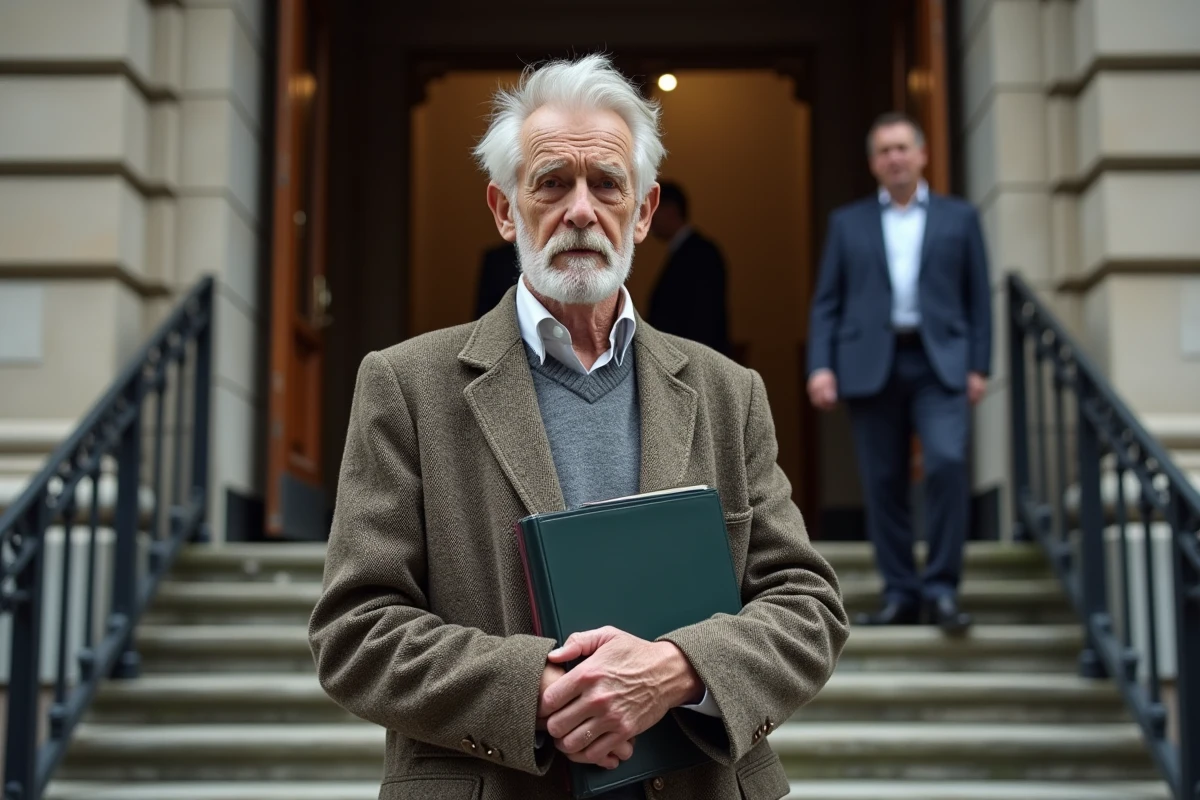 Homme âgé debout devant un tribunal en ville