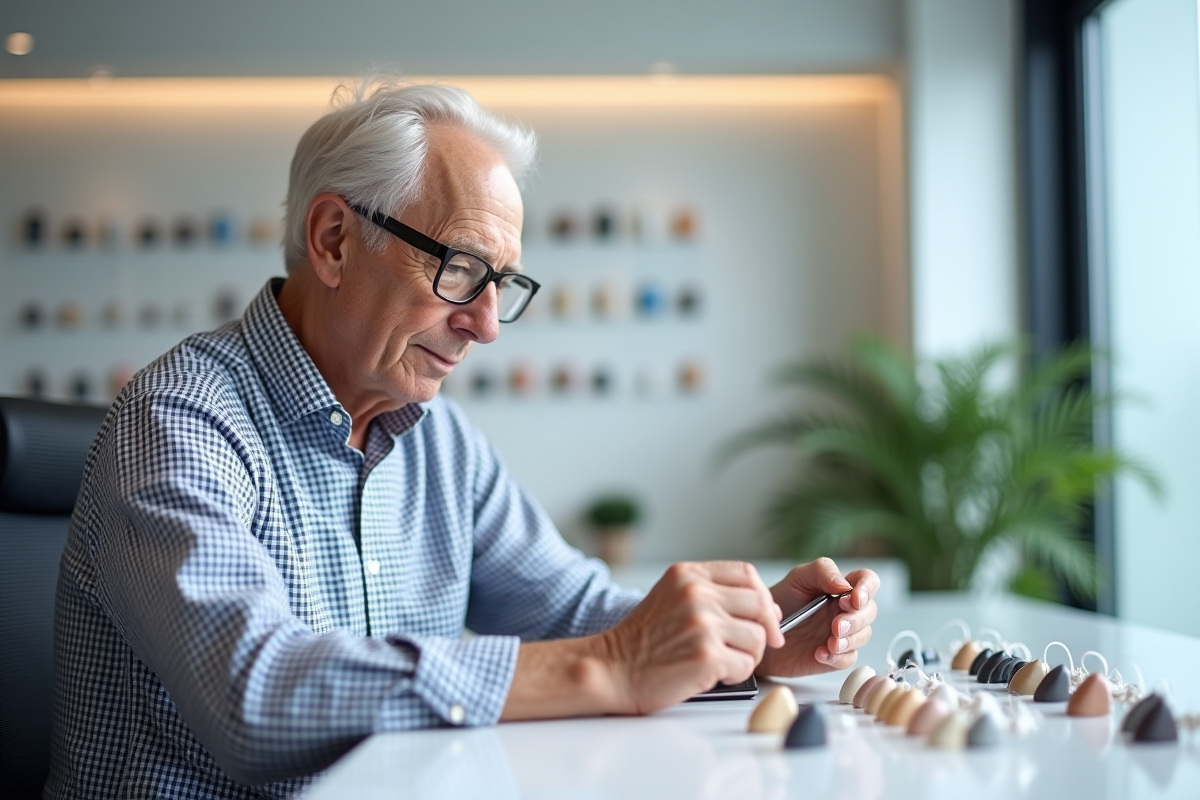 Homme âgé examinant des aides auditives en clinique moderne