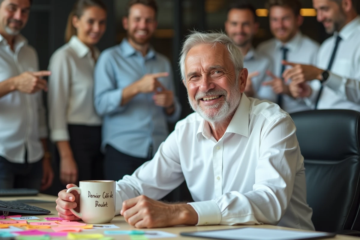 Employé souriant lors de son dernier jour de travail assis à un bureau recouvert de post-it humoristiques d'adieu de collègues