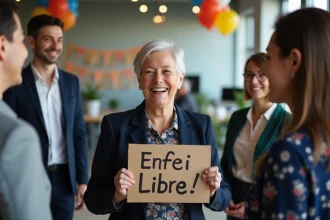 Collègue femme souriante partant à la retraite tenant une pancarte humoristique entourée de collègues en open-space