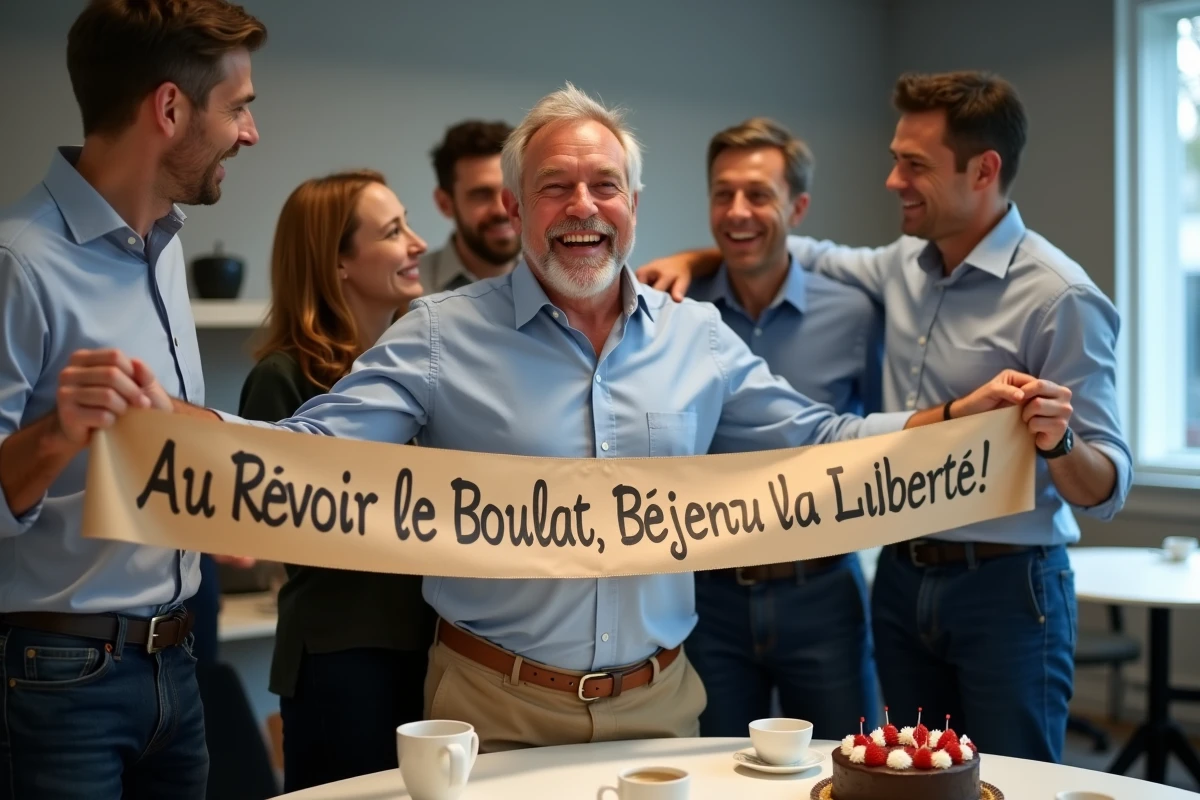 Homme partant à la retraite entouré de collègues hilares dans une salle de pause avec gâteau et banderole humoristique