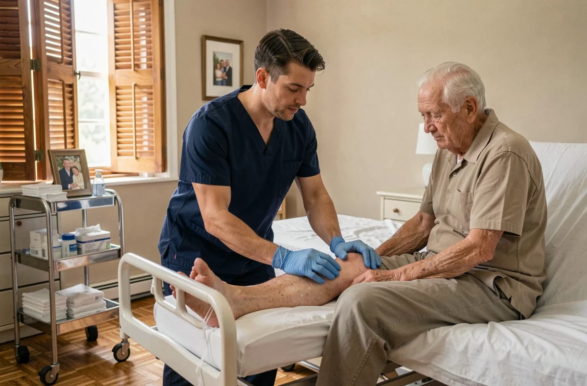 Infirmier SSIAD réalisant un soin infirmier à domicile sur une personne âgée dans sa chambre, illustrant les soins médicaux du SSIAD pour le maintien à domicile