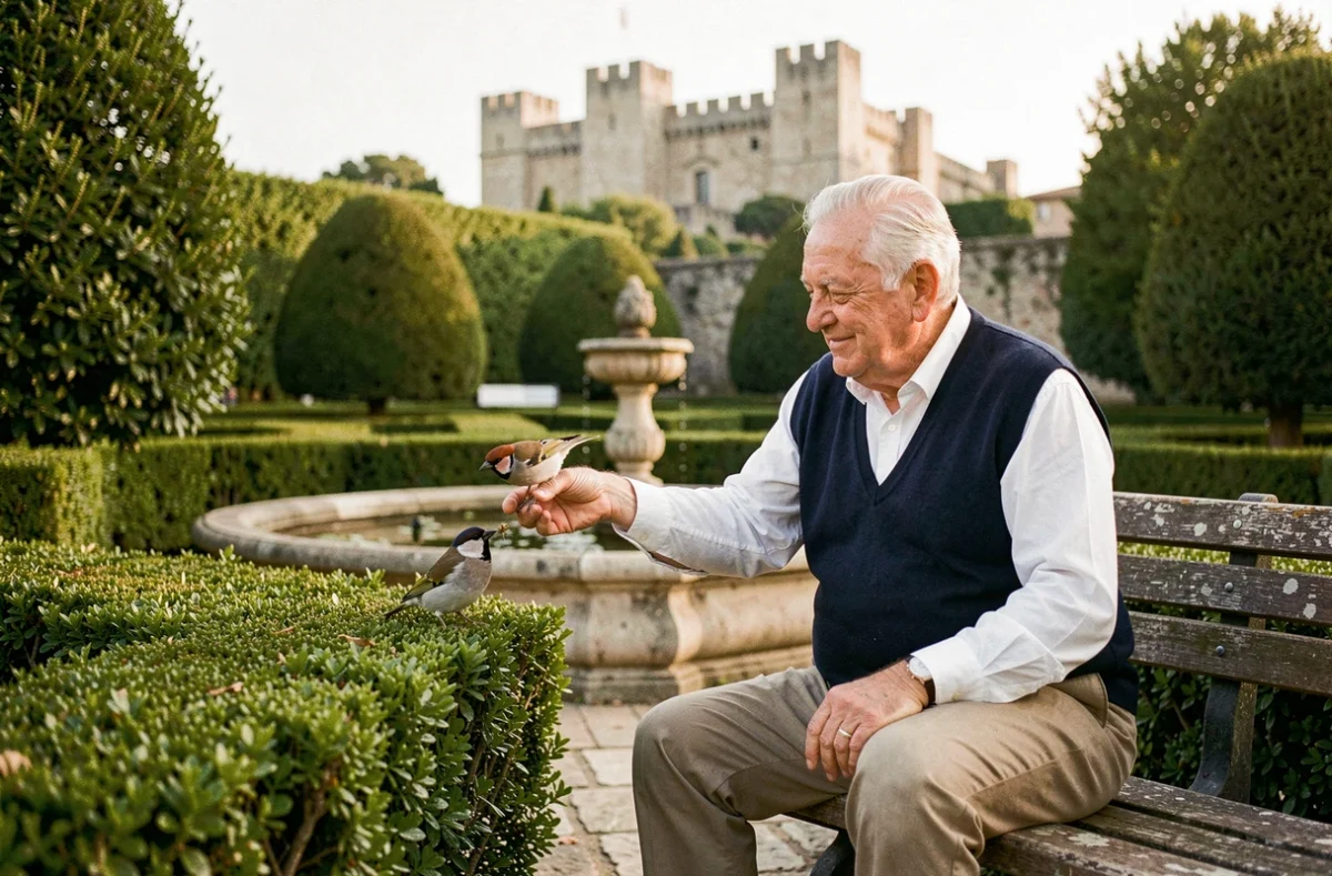 Résident âgé assis dans le jardin des Jardins de la Bastide à Carcassonne avec vue sur la Cité médiévale