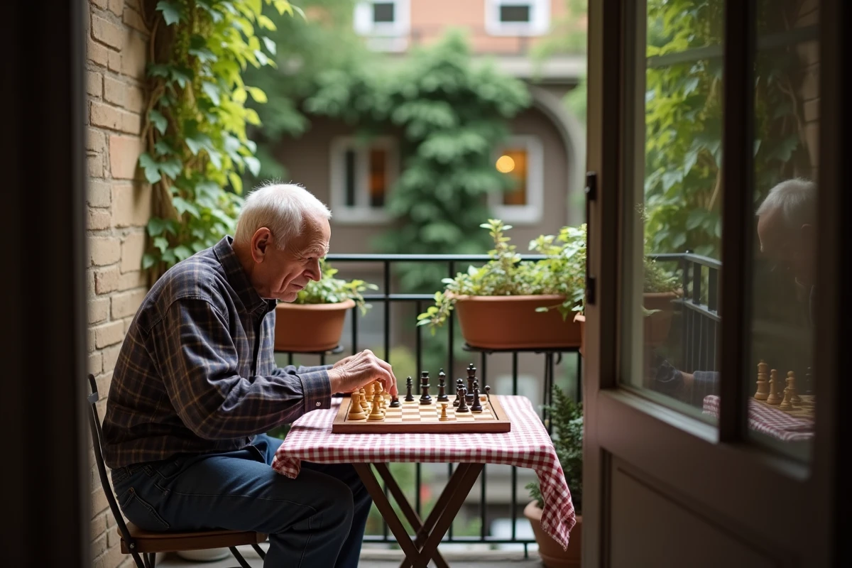 Personne âgée jouant aux échecs sur un balcon ombragé
