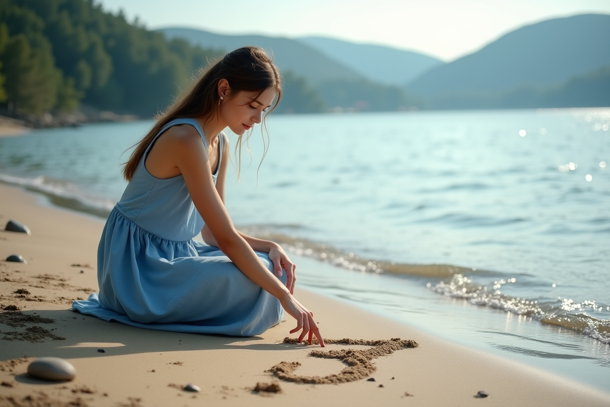 Jeune femme dessinant un chiffre sept dans le sable au bord du lac