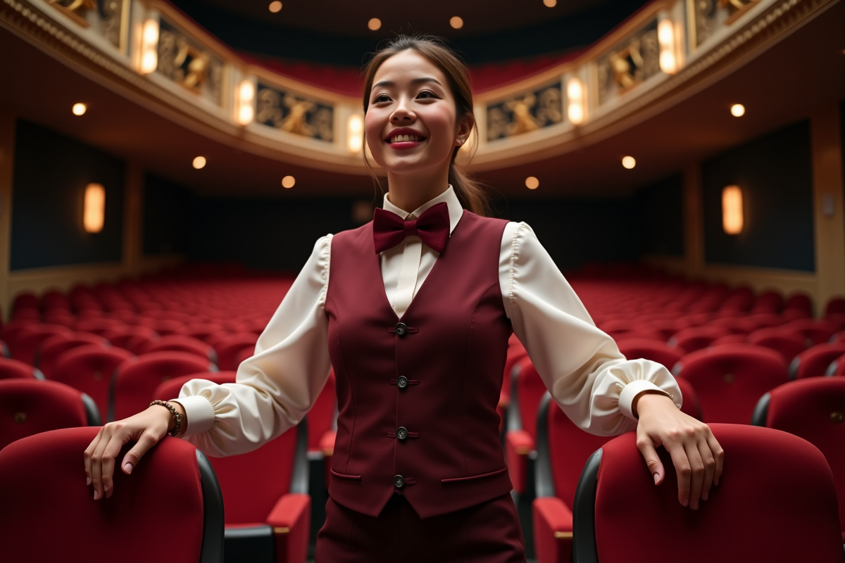 Jeune femme en uniforme guide le public dans une salle de théâtre moderne