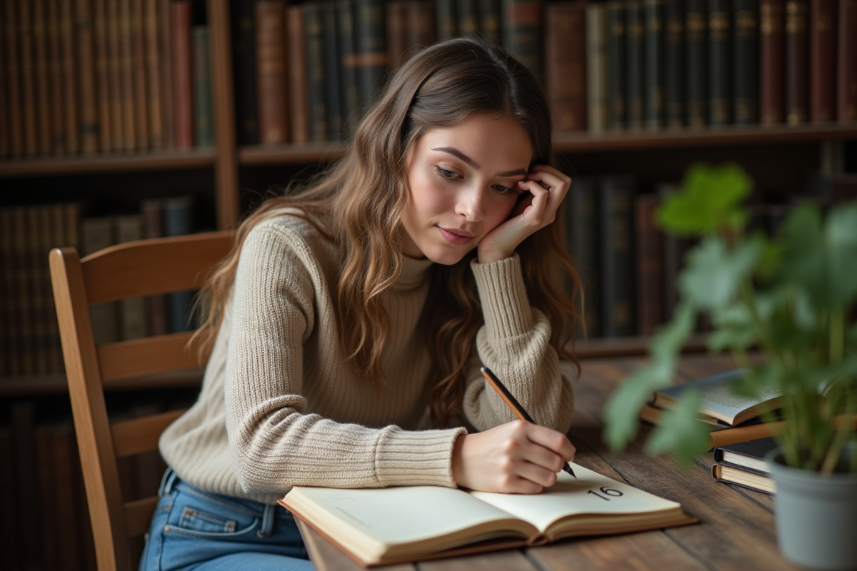 Jeune femme en intérieur contemplant un carnet