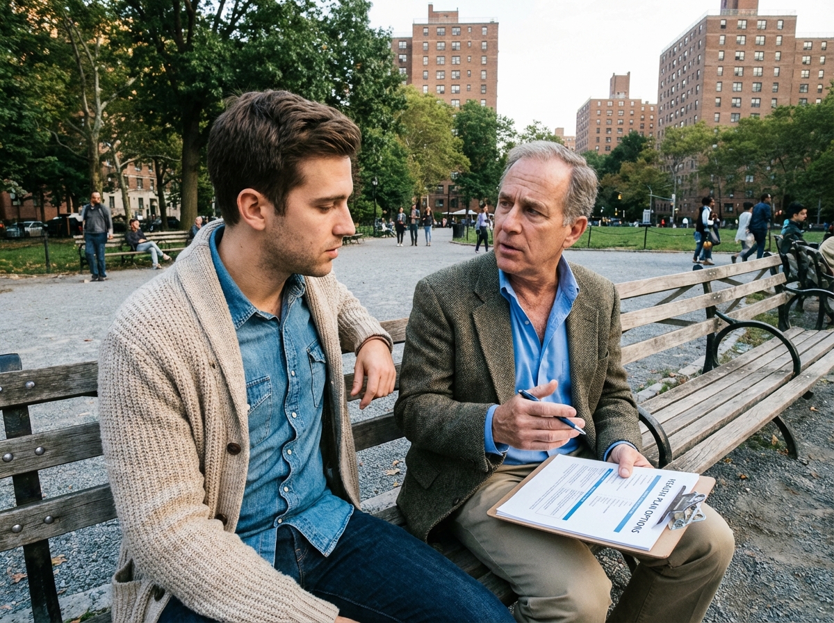 Jeune homme parle assurance santé avec conseiller dans parc