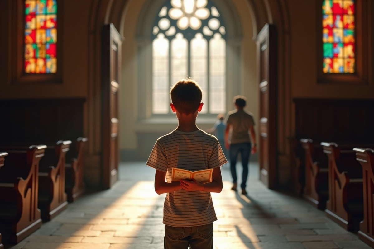 Jeune homme dans une église tenant un livret religieux