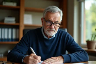 Homme senior rédigeant une lettre de départ à la retraite pour inaptitude à son bureau à domicile