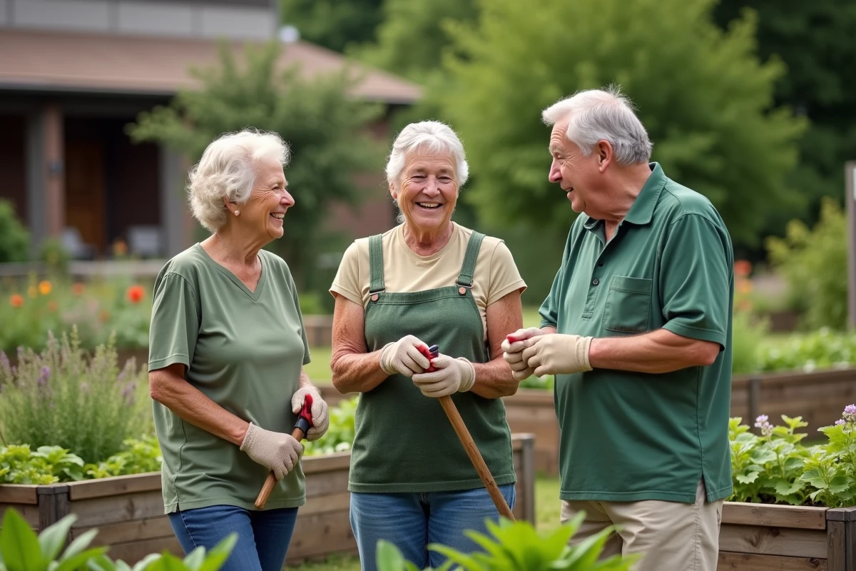 Groupe de seniors actifs se retrouvant dans un jardin communautaire, illustrant les lieux de rencontre authentiques qui favorisent les relations sincères après 65 ans