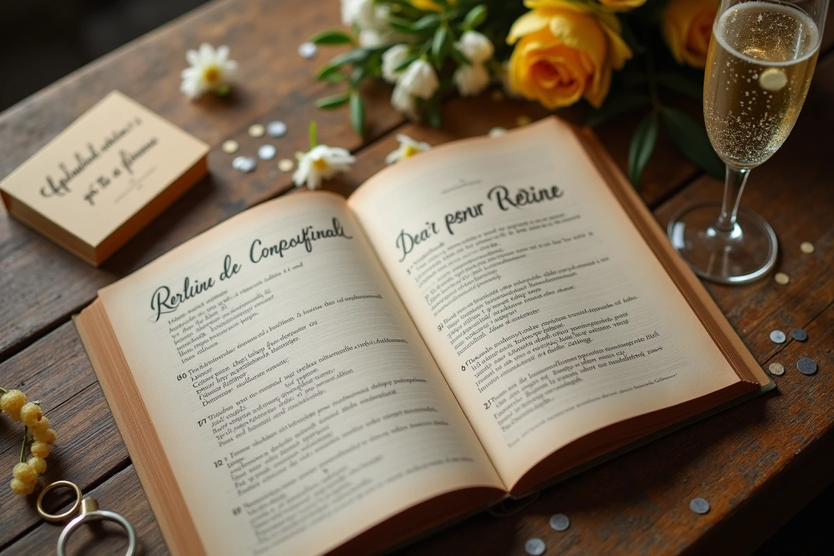 Vue de dessus d'un livret de chansons manuscrit pour pot de départ retraite avec une coupe de champagne et des confettis sur une table en bois