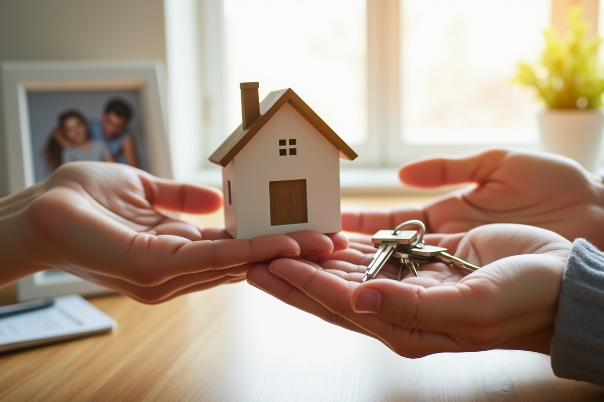Mains passant une maquette de maison et des clés pour la planification successorale