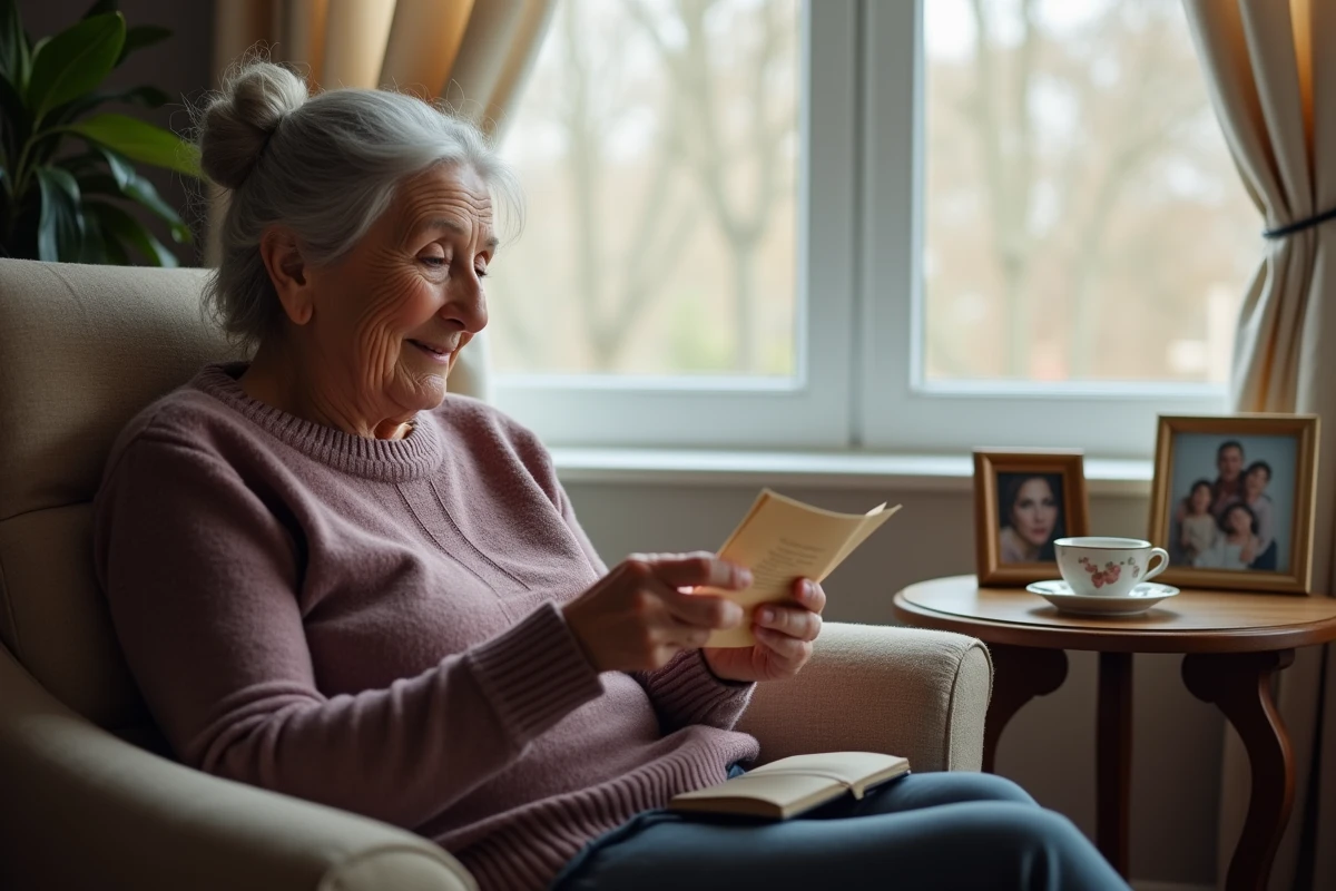 Mamie émue lisant un poème touchant écrit par son petit-enfant dans un fauteuil cosy près d'une fenêtre, portrait intime et généreux