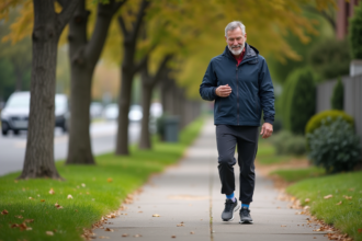 Homme d'âge moyen en tenue sportive comptant ses pas en marchant