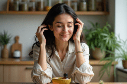 Femme massant ses cheveux avec une huile aux herbes