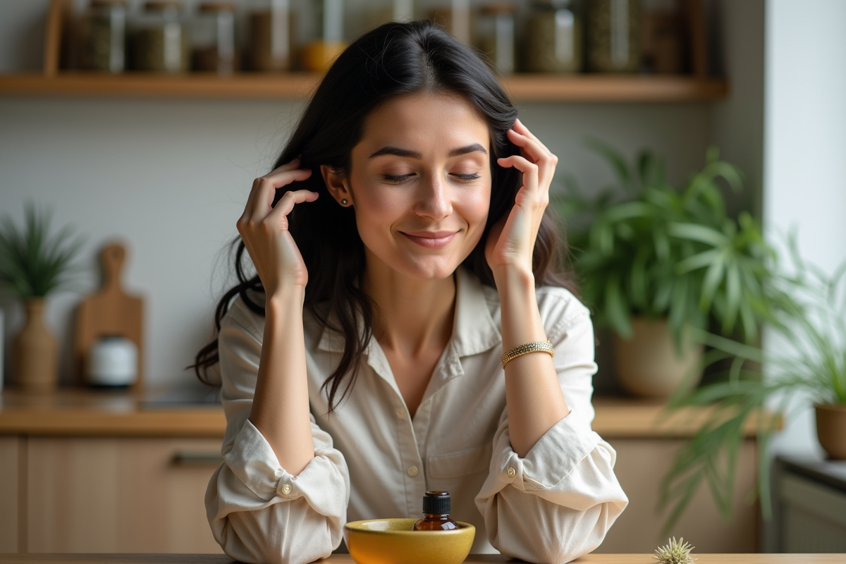 Femme massant ses cheveux avec une huile aux herbes