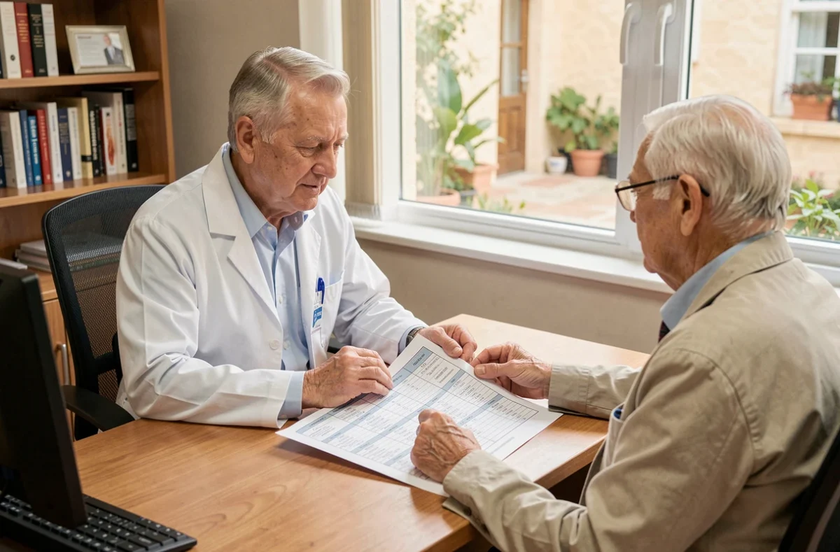 Médecin gériatre évaluant la grille ADL avec un patient âgé en consultation