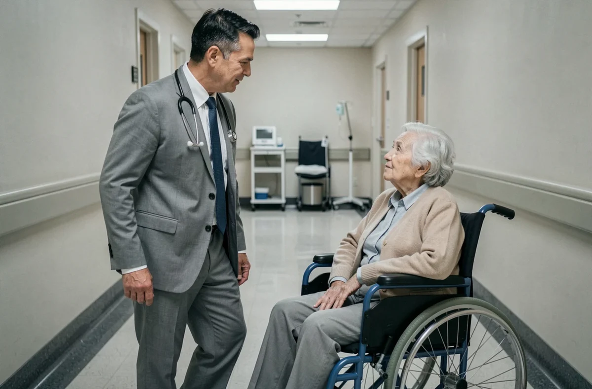 Médecin gériatre discutant avec une patiente âgée en fauteuil roulant dans un couloir d'hôpital, prise en charge médicale des seniors