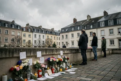 Mémorial spontané de fleurs et de bougies sur une place publique de Savigny-le-Temple après le drame Robert Schoulevilz