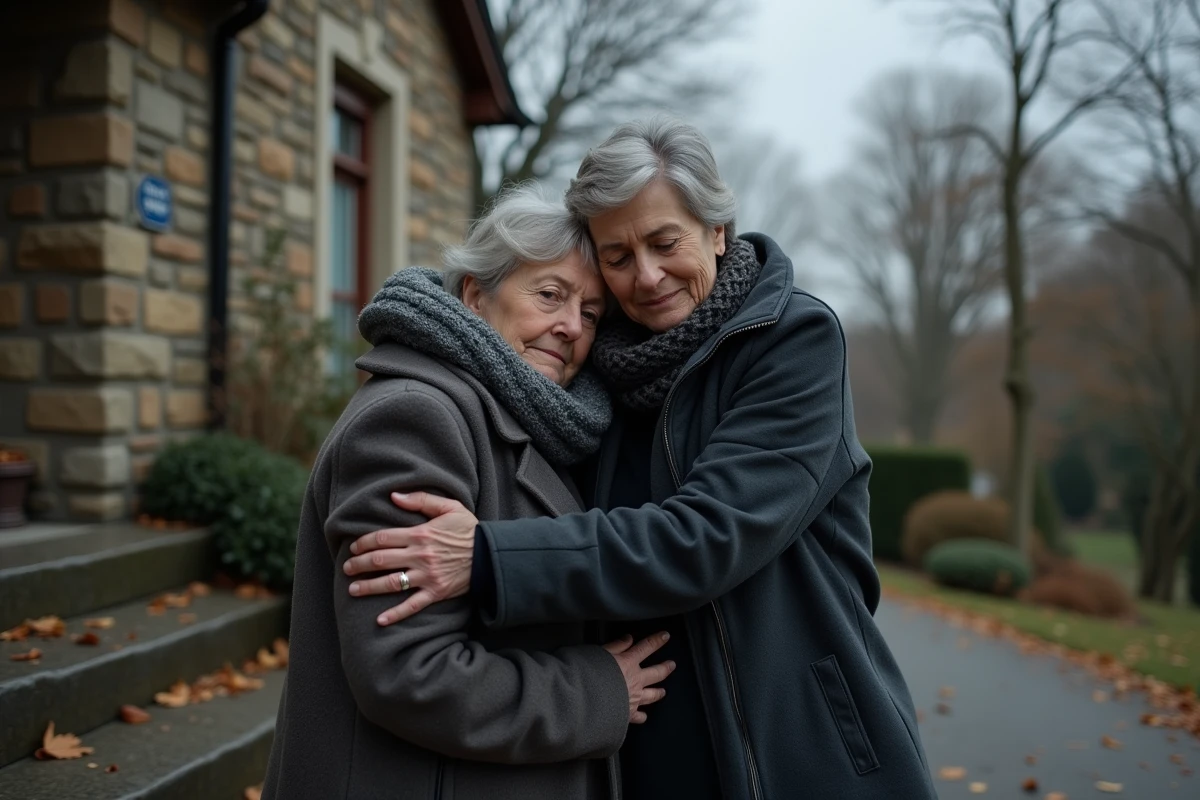 Deux amies s'étreignant devant une maison en pierre lors d'une période de deuil et de condoléances