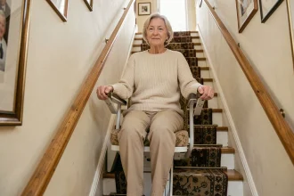 Femme senior assise sur un monte-escalier installé dans un couloir de maison traditionnelle française