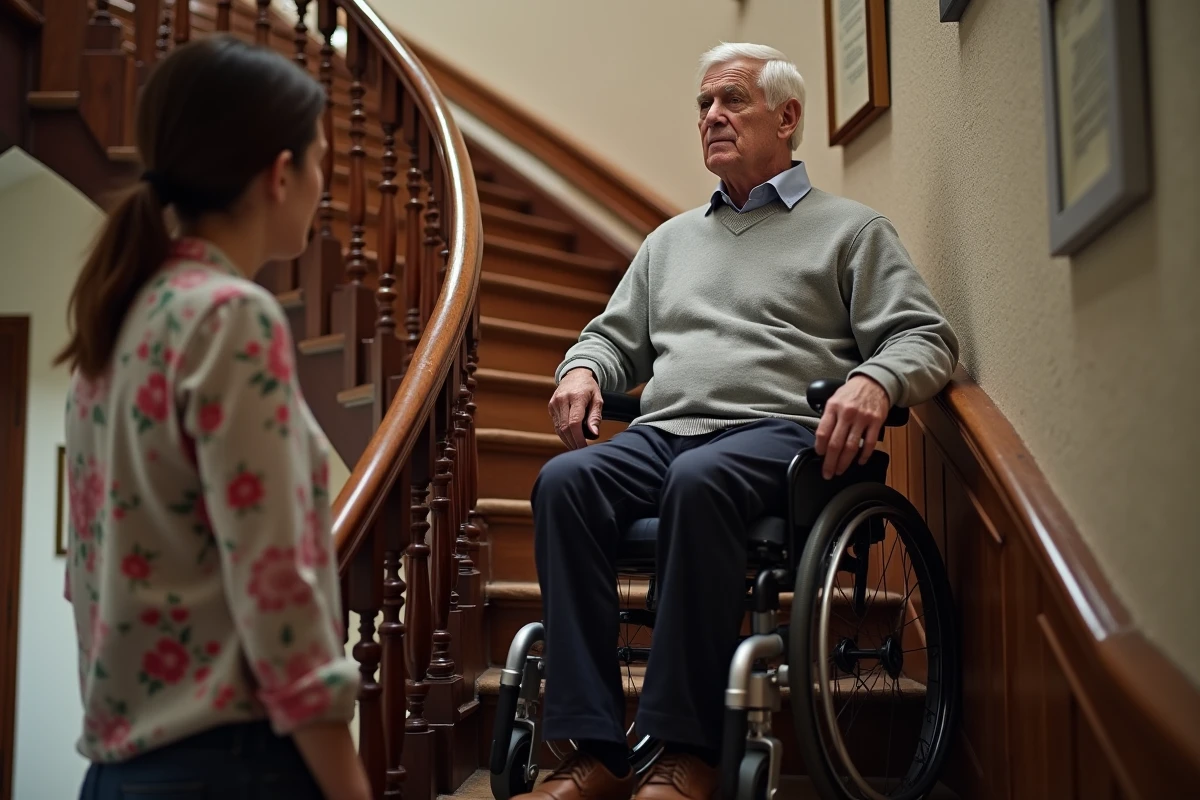Personne âgée en fauteuil roulant utilisant un monte-escalier courbe dans une maison française traditionnelle