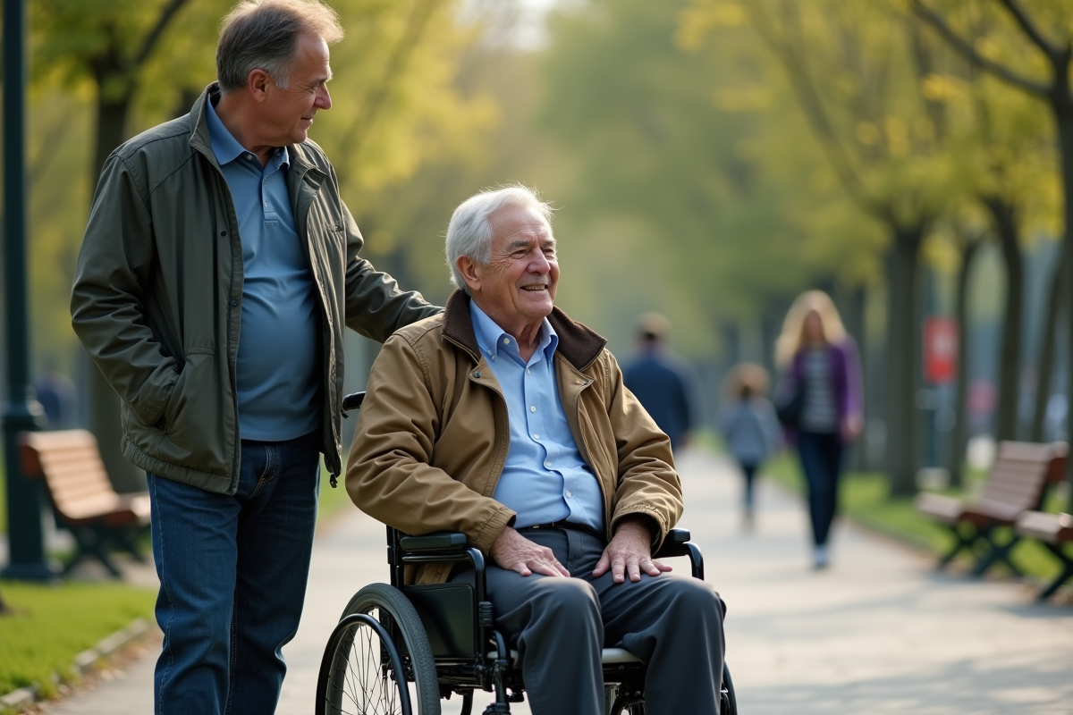 Homme age en fauteuil dans un parc avec son fils