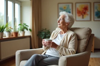 Personne âgée atteinte de démence légère assise dans un fauteuil d'une résidence autonomie, tenant une tasse de thé près d'une fenêtre lumineuse