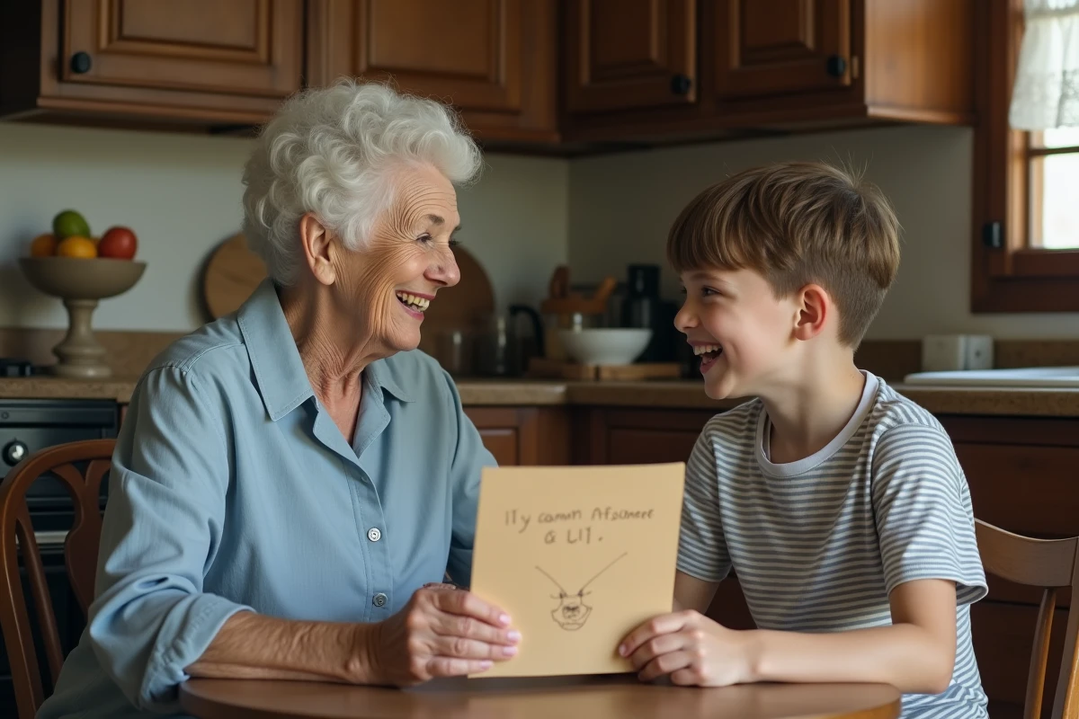 Petit-fils offrant une carte poème faite main à sa mamie dans une cuisine rustique, scène familiale authentique et touchante