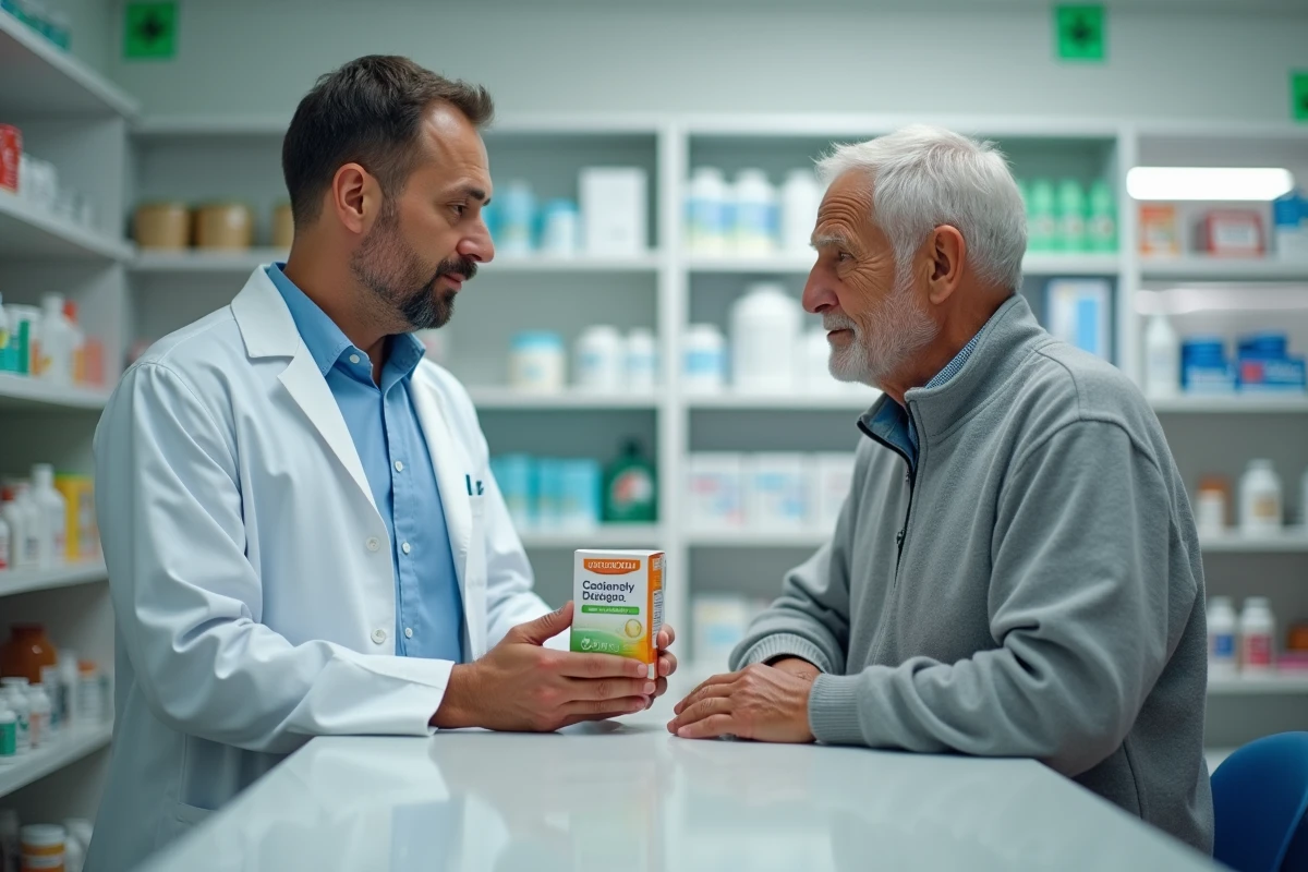 Pharmacien conseillant un homme âgé sur un booster nutritionnel pour seniors en pharmacie